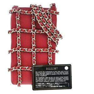 CHANEL CC Logo Mini Chain Shoulder Pouch Bag Phone Case Leather Red 689RF870